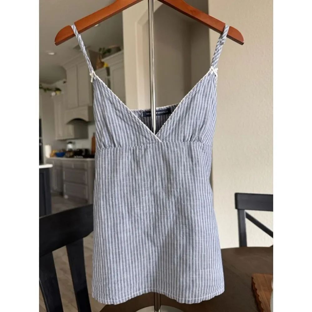 Brandy Melville Tank Top Stripes Blue White Bows V Neck Baby Doll